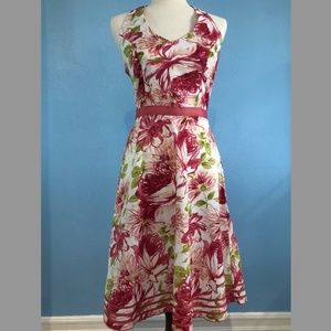Floral Dress - Pink Flowers - Halter Top - Open Back - V Neck - Ribbon - Size 5